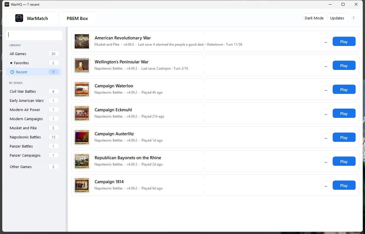 WarHQ Library showing discovered WDS games grouped by series.
