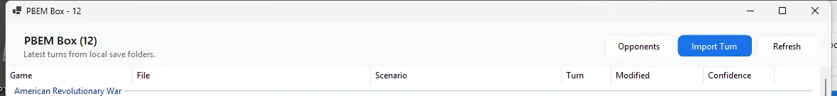 PBEM Box header with opponent management, turn import, and refresh controls.