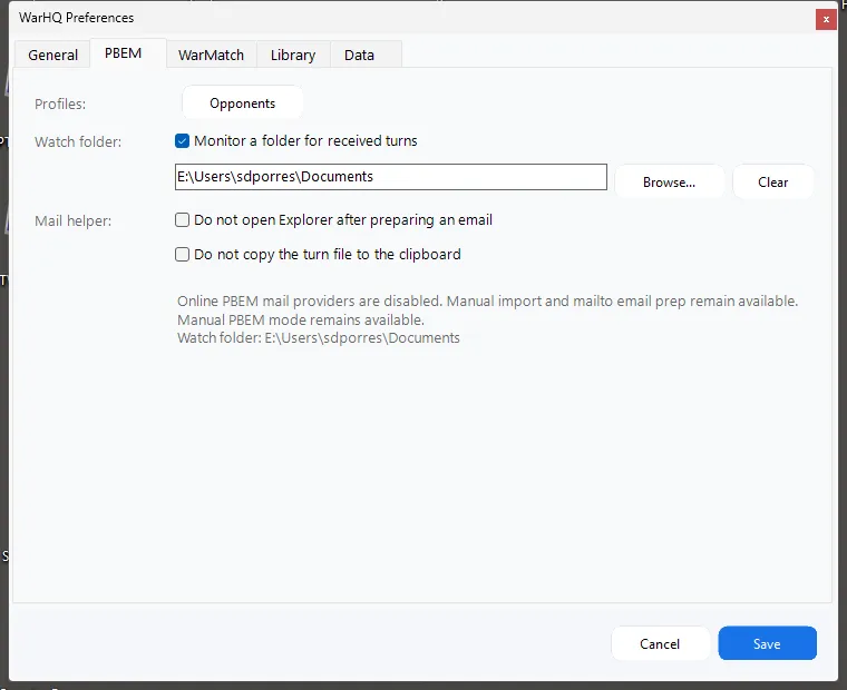 PBEM preferences showing opponent management and mail helper checkboxes.