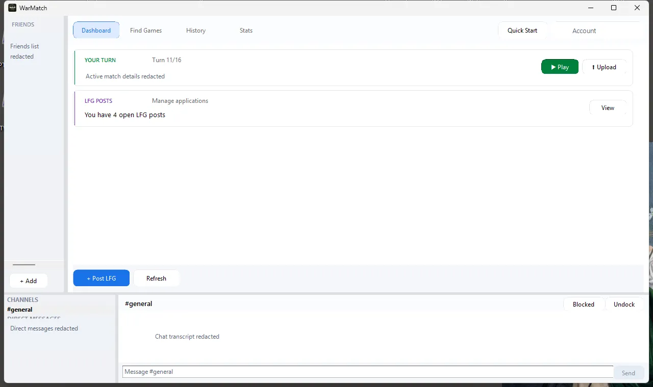 WarMatch dashboard with active match, LFG, friends, and chat areas.